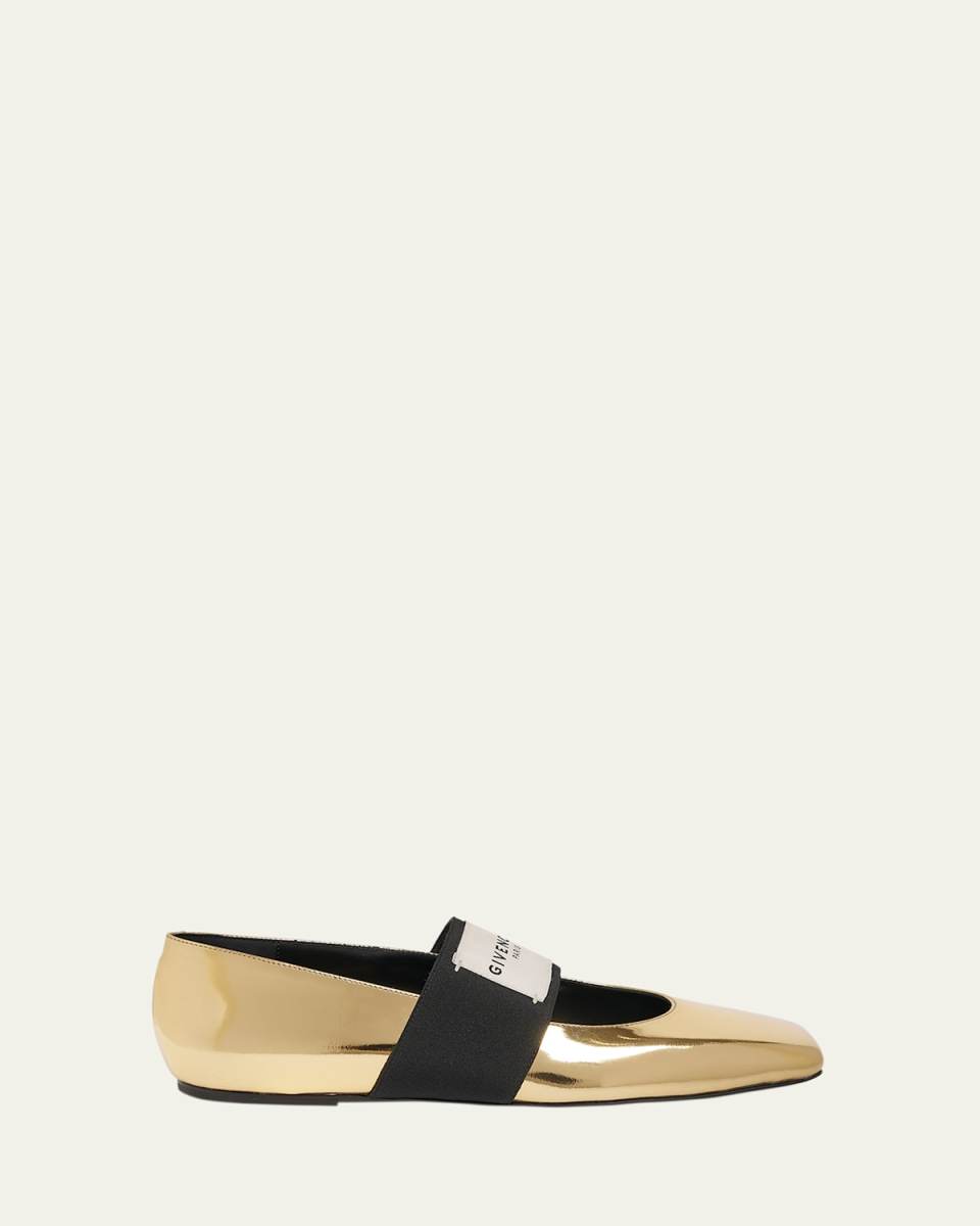 Square Label Metallic Leather Ballerina Flats